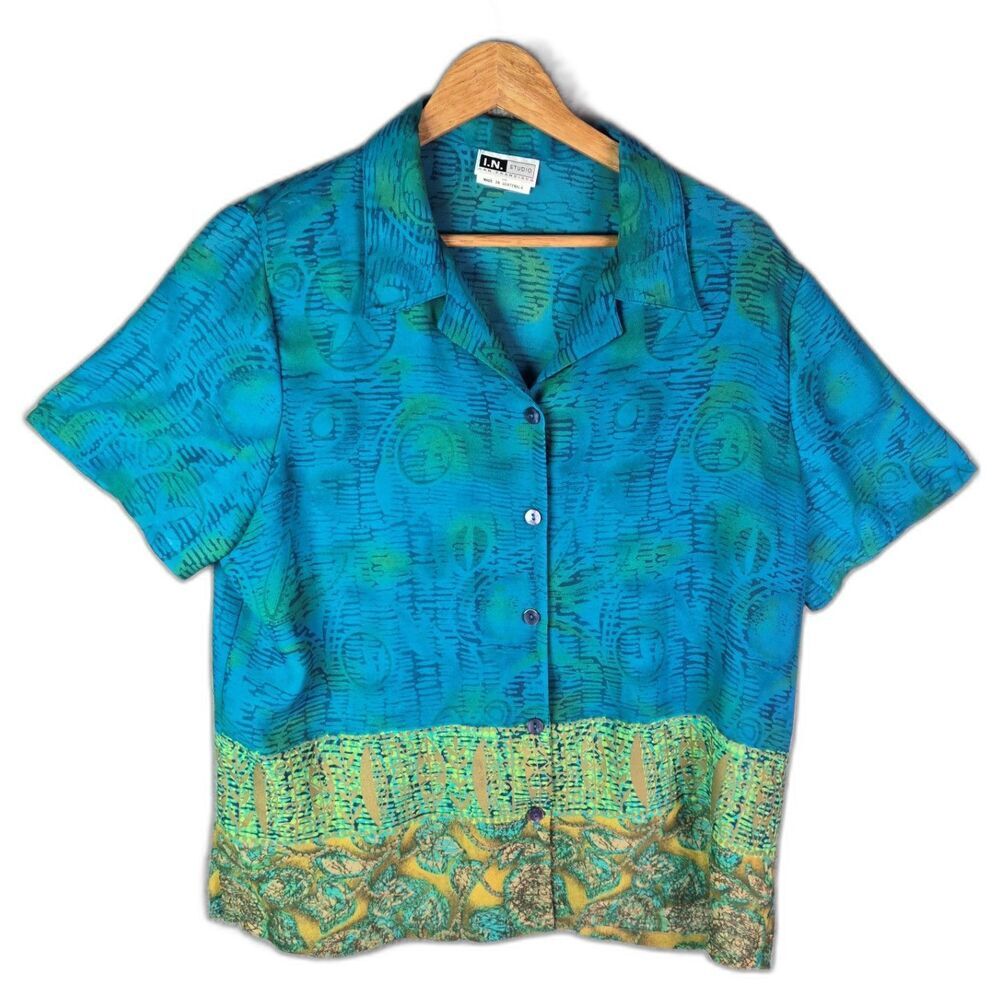 IN Studio Blouse Teal XL Vintage 90s Border Print Boho Side Slits